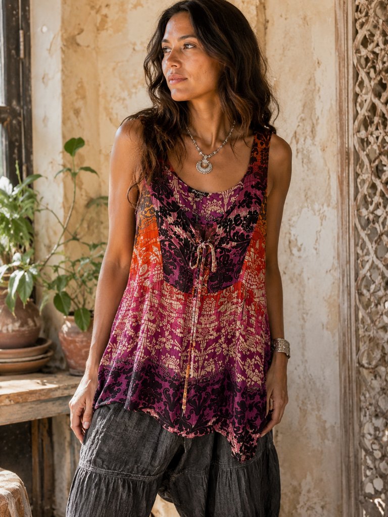 Papa Asymmetrical Boho Print Sleeveless Tunic Top Artsy Hippie Lagenlook Small